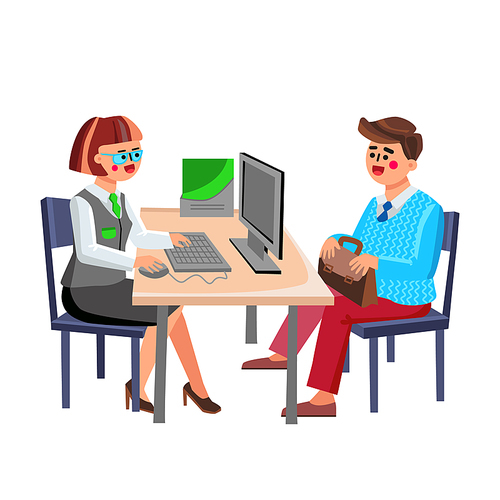Banking Question Manager Consulting Visitor Vector. Bank Worker Talking With Client Young Businessman About Banking, Credit Or Deposit. Characters Financial Consultation Flat Cartoon Illustration