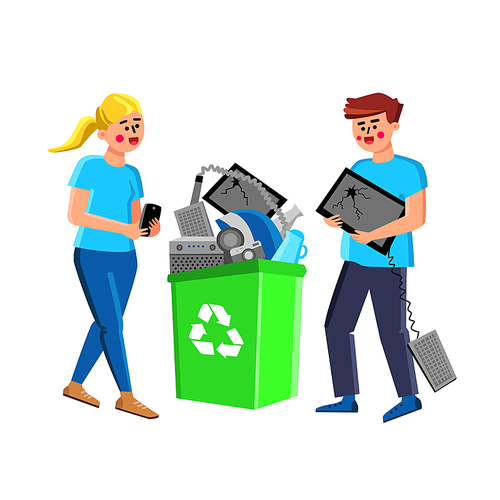 Electronic Waste People Throw Out In Basket Vector. Man Holding Damaged Computer Screen And Keyboard, Woman Hold Broken Smartphone, Recycling Technology Waste. Character Flat Cartoon Illustration