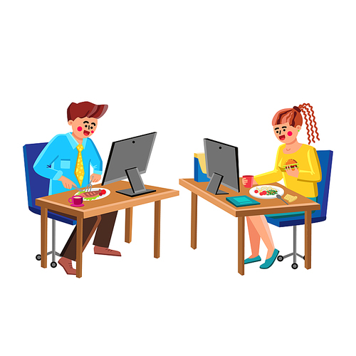 Businesspeople Eat At Desk And Working Vector. Young Man And Woman Office Workers Eating Food At Desk And Looking At Computer Monitor. Characters Employees Dinner Flat Cartoon Illustration