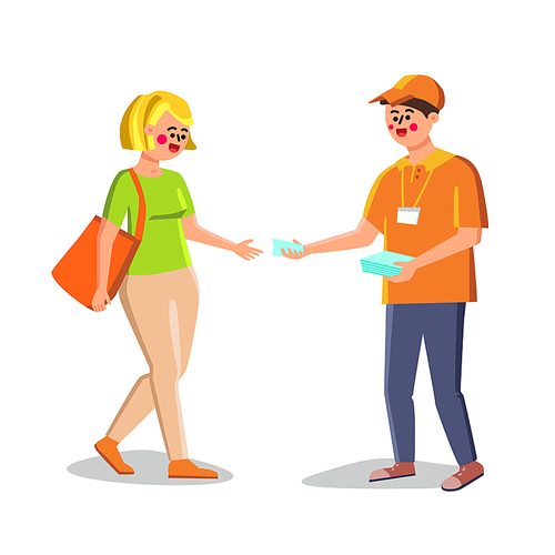 promoter giving advertising flyer to woman vector. promoter young man give promotional and marketing leaflet to girl. character distributing store discount  flat cartoon illustration
