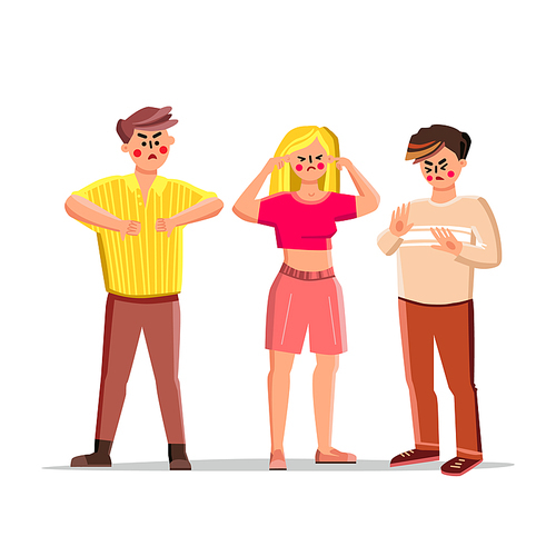 Refusal People Showing Negative Gesture Vector. Young Man Refuse, Boy Gesturing Dislike Refusal Signs And Woman With Fingers In Ears Unlistening. Characters Expression Flat Cartoon Illustration