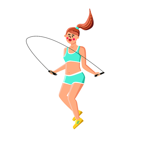 Skipping Rope Jumping Young Girl Athlete Vector Woman Making Sport Exercise With Skipping Rope. Happy Character Lady Active Sportive Time And Make Fitness Exercise Flat Cartoon Illustration