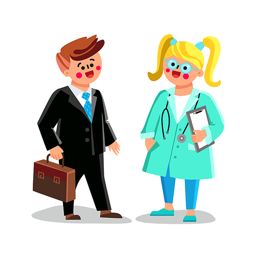 Children Profession Businessman And Doctor Vector. Preschool Boy Wearing Business Suit And Holding Case, Little Girl Profession Medical Worker. Characters Flat Cartoon Illustration