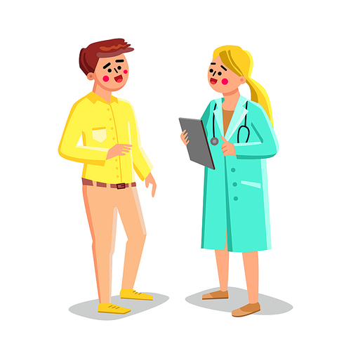Doctor Talking With Patient In Hospital Vector. Doctor Woman Speaking With Illness Man In Clinic, Medicine Examination And Consultation. Characters Health Care Flat Cartoon Illustration