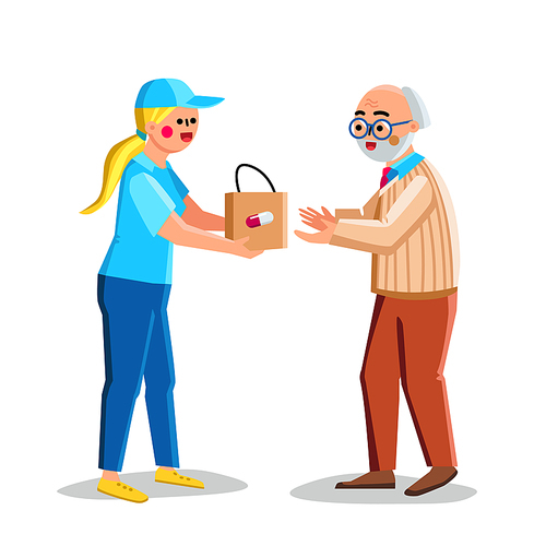 Drug Delivery Service Of Pharmacy Store Vector. Pharmaceutical Shop Products Delivery Courier Young Woman To Old Man Patient. Character Delivering Medicaments Flat Cartoon Illustration