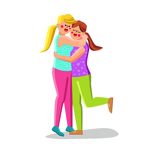 Girls Friends Hugging Together, Friendship Vector. Happy Beautiful Young Women Friendly Hugging And Enjoying. Attractive Characters Ladies Embracing And Laughing Flat Cartoon Illustration