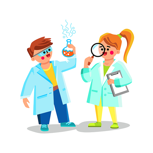 Kid Scientists Doing Chemical Experiment Vector. Children Scientist Researching And Analyzing Chemical Test With Laboratory Equipment. Characters Boy And Girl Flat Cartoon Illustration