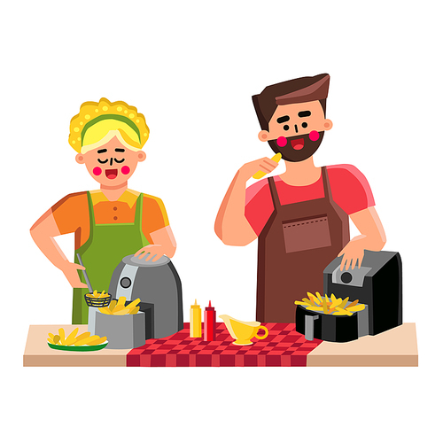 air fryer cooking fried potato on kitchen vector. young man and woman cooking  in air fryer electronic equipment. characters, sauces and cooked meal flat cartoon illustration