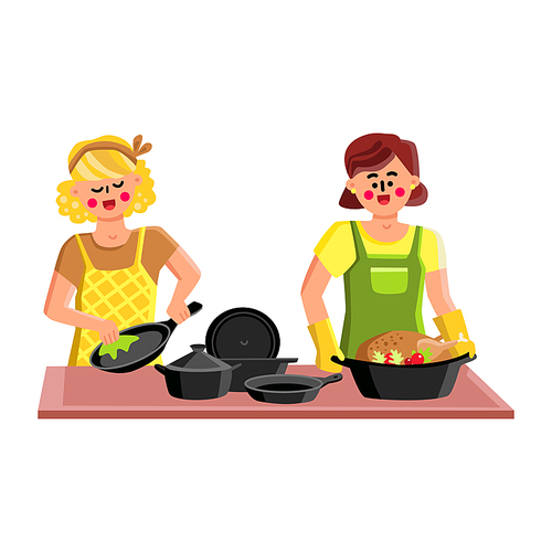Cast Iron Cookware For Cooking Tasty Food Vector. Young Woman Washing Cast Iron Cook Ware And Girl Cooking Delicious Chicken With Vegetables In Kitchen Utensil. Characters Flat Cartoon Illustration