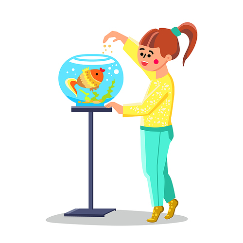 Little Girl Feed Fish In Fishbowl Aquarium Vector. Happy Small Child Feeding Cute Fish. Smiling Character Schoolgirl Kid Care And Playing With Exotic Goldfish Flat Cartoon Illustration