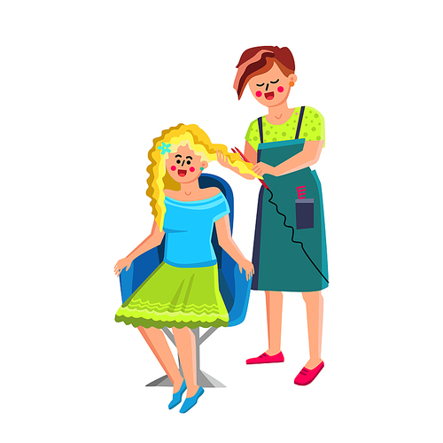 Female Hairstylist Make Hairdo For Customer Vector. Female Hairstylist Making Fashionable Hairdo For Young Woman. Characters Beauty Salon Worker And Client Flat Cartoon Illustration