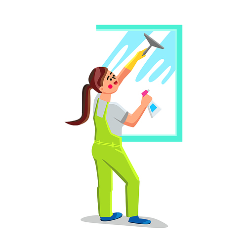 Girl Glass Cleaning With Brush And Sprayer Vector. Young Woman Window Glass Cleaning With Detergent, Hygiene Occupation. Character Housekeeping Or Clean Service Business Flat Cartoon Illustration