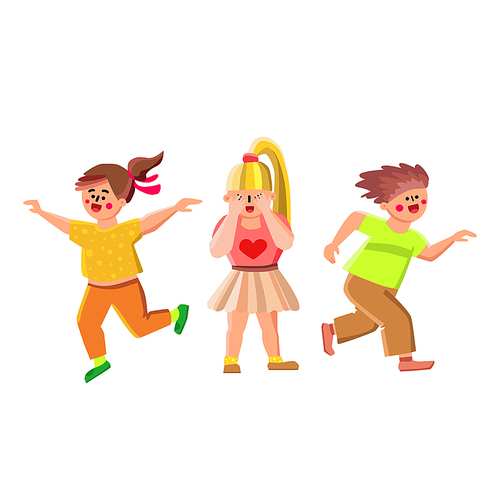 Hide And Seek Game Playing Kids Together Vector. Hide And Seek Play Children Friends On Playground. Characters Girls And Boy Enjoyment And Funny Leisure Active Time Flat Cartoon Illustration