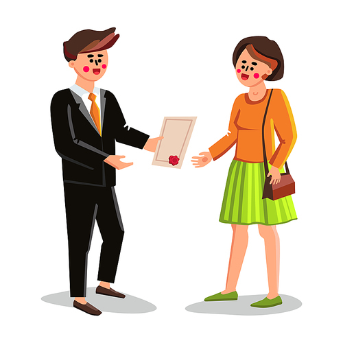 Notary Giving Signed Document Young Woman Vector. Notary Man Give Girl Client Testament, Certificate Or Agreement With Stamp Seal And Signature. Characters Lawyer And Lady Flat Cartoon Illustration