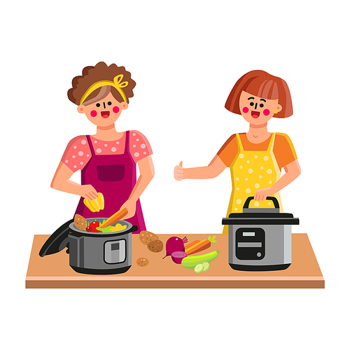 Pressure Cooker Cooking Women On Kitchen Vector. Cook Chef Young Girl Filling Pressure Cooker With Fresh Vegetables For Prepare Healthy Food. Characters With Electric Device Flat Cartoon Illustration