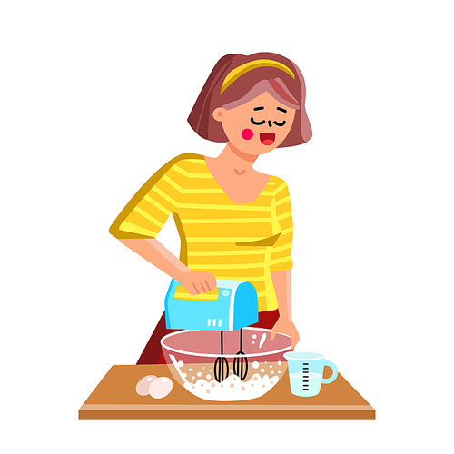 Hand Mixer Kitchen Equipment Using Girl Vector. Young Woman Cooking And Use Electronic Device Mixer. Character Cook Chef Preparing Delicious Meal Or Bakery Pie Flat Cartoon Illustration