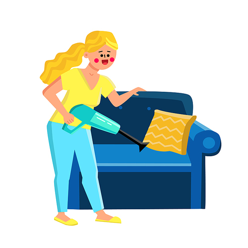 Handheld Vacuum Girl Use For Cleaning Sofa Vector. Young Woman Using Electronic Portable Vacuum For Vacuuming Couch Furniture. Character Household Occupation Flat Cartoon Illustration
