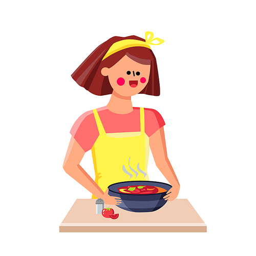 Hot Soup Cooked From Vegetable And Meat Vector. Delicious Soup Cooking And Eating Young Woman On Kitchen. Character Eat Fresh Prepared Meal, Tomato Healthy Food Flat Cartoon Illustration