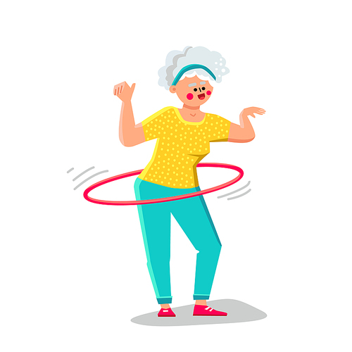 Senior Woman Exercising With Hula Hoop Vector. Elderly Lady Making Exercise With Hula Hoop Sportive Equipment. Character Grandmother Sport And Health Active Time Flat Cartoon Illustration