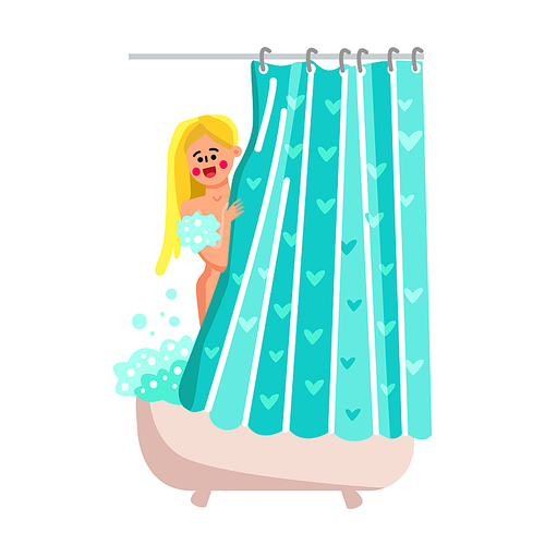 Shower Curtain Bathroom Interior Accessory Vector. Young Woman Bathing With Shampoo Behind Shower Curtain. Character Girl Washing In Bath Room, Hygiene Procedure Flat Cartoon Illustration