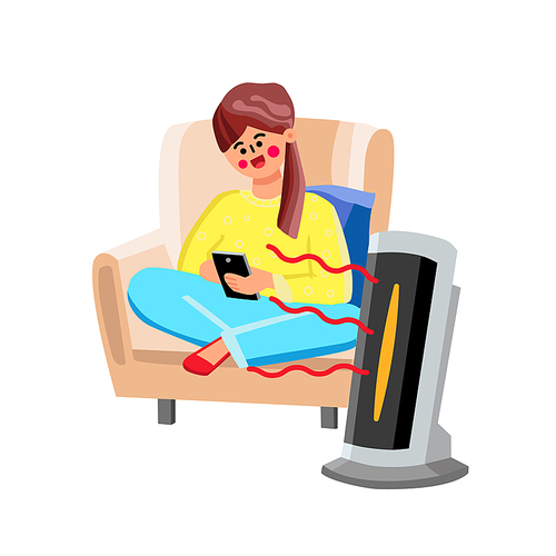 Space Heater Device For Air Warming Home Vector. Young Woman Sitting In Armchair And Use Smartphone, Space Heater Gadget Heating Room. Character Girl And Electronic Equipment Flat Cartoon Illustration