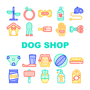 Dog Shop Accessories Collection Icons Set Vector. Dog Sonic Collar And Leash, Booth And Carrier Cage, Shampoo And Brush, Bone Toy And Food Concept Linear Pictograms. Color Contour Illustrations