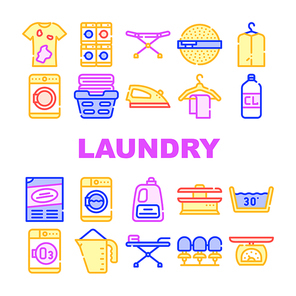 Laundry Service Tool Collection Icons Set Vector. Laundry And Drying Machine, Dirty And Clean Clothes, Washing Powder And Conditioner Concept Linear Pictograms. Color Contour Illustrations