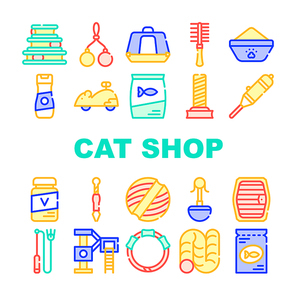 Cat Market Accessory Collection Icons Set Vector. Stick And Mouse Toy, Playground And Carrier Cage, Shampoo And Brush, Food Bowl And Cat Vitamins Concept Linear Pictograms. Color Contour Illustrations