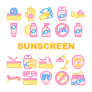 Sunscreen Protection Collection Icons Set Vector. Sunscreen Uv Protect Cream On Hand And Face, Bottle And Tube, Beach Umbrella And Sun Lounger Concept Linear Pictograms. Color Contour Illustrations