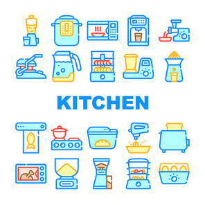 Kitchen Electronics Collection Icons Set Vector. Kitchen Blender And Multicooker, Microwave Oven And Coffee Maker, Meat Grinder And Juicer Concept Linear Pictograms. Color Contour Illustrations