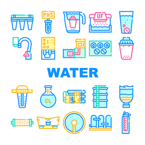 Water Treatment Filter Collection Icons Set Vector. Plant Purification System And Water Filtration Equipment, Chlorine And Ultraviolet Treat Concept Linear Pictograms. Color Contour Illustrations