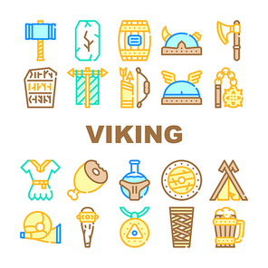Viking Ancient Culture Collection Icons Set Vector. Viking Hammer And Ax, Bat And Mace, Drink Cup And Wooden Barrel, Clothes And Food Concept Linear Pictograms. Color Contour Illustrations
