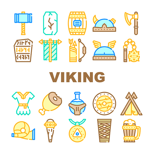 Viking Ancient Culture Collection Icons Set Vector. Viking Hammer And Ax, Bat And Mace, Drink Cup And Wooden Barrel, Clothes And Food Concept Linear Pictograms. Color Contour Illustrations