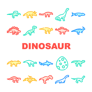 Dinosaur Wild Animal Collection Icons Set Vector. Spinosaurus And Arrhinoceratops, Ankylosaurus And Mosasaurus Prehistoric Dinosaur Concept Linear Pictograms. Color Contour Illustrations