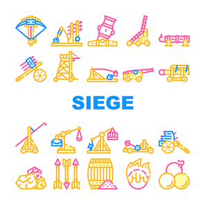 Siege Engine Catapult Collection Icons Set Vector. Ancient Weapon And Cores, Arrow Thrower And Siege Tower, Trebuchet And Hook Destroyer Concept Linear Pictograms. Contour Illustrations