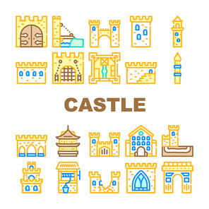 Castle Construction Collection Icons Set Vector. Medieval Castle Goal And Bridge, Tower And Wall, Aqueduct And Window, Destroyed Wall And Arch Concept Linear Pictograms. Contour Illustrations
