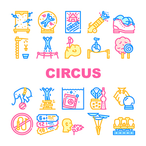 Circus Entertainment Collection Icons Set Vector. Circus Tickets And Seats, Aerodynamic Cannon And Trained Elephant, Magician Tool And Cobra With Flute Concept Linear Pictograms. Contour Illustrations