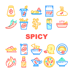 Spicy Dish Flavor Food Collection Icons Set Vector. Chili And Jalapeno Pepper,Spicy Chicken And Asian Meal, Chips And Soup, Nachos And Pizza Concept Linear Pictograms. Contour Illustrations