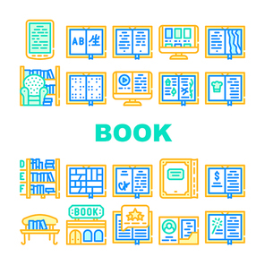 Book Library Shop Collection Icons Set Vector. Electronic Read Device And Interpreter Gadget, Book Store And Armchair, Business Literature And Comics Concept Linear Pictograms. Contour Illustrations