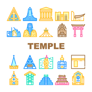 Temple Construction Collection Icons Set Vector. Religion Cathedral And Synagogue, Catholic Chapel And Church, Kaaba And Mayan Temple Religion Building Concept Linear Pictograms. Contour Illustrations