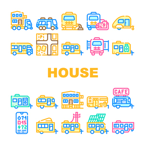 Modular House Trailer Collection Icons Set Vector. House With Pull-out Module And Gas Cylinder, Building Transportation And Charge Level Control Concept Linear Pictograms. Contour Color Illustrations