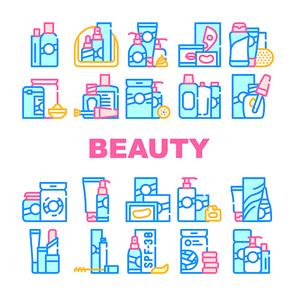 Beauty Products Makeup Collection Icons Set Vector. Beauty Lotion And Cream, Balm And Hair Conditioner, Cosmetic Oil And Face Mask Concept Linear Pictograms. Contour Color Illustrations