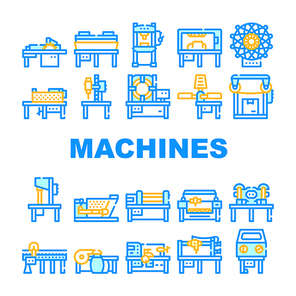 Industrial Machines Collection Icons Set Vector. Hot Pressing And Hydraulic Press, Drilling And Slotting Machines, Bandsaw And Serigraphy Concept Linear Pictograms. Contour Color Illustrations