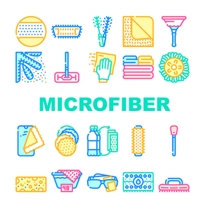 Microfiber For Clean Collection Icons Set Vector. Microfiber With Handle And Mop Head, Brush Cleaning Windows And Towel Roller Concept Linear Pictograms. Contour Color Illustrations