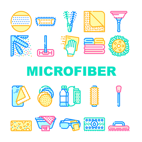 Microfiber For Clean Collection Icons Set Vector. Microfiber With Handle And Mop Head, Brush Cleaning Windows And Towel Roller Concept Linear Pictograms. Contour Color Illustrations