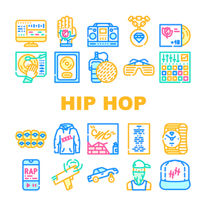 Hip Hop And Rap Music Collection Icons Set Vector. Hip Hop Gold Disc And Gangsta Rapper, Mesh Microphone Device And Tattoo, Clothes And Glasses Concept Linear Pictograms. Contour Color Illustrations