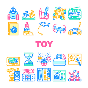 Toy And Children Game Collection Icons Set Vector. Robot And Radio Controlled Car, Flying Fish And Doggy Bag, Quadrocopter And Telescope Toy Concept Linear Pictograms. Contour Color Illustrations