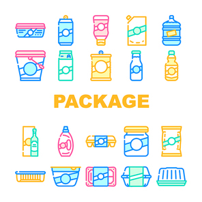 Package For Product Collection Icons Set Vector. Package For Ketchup And Mayonnaise, Milk And Oil Bottle, Container For Eggs And Canned Fish Concept Linear Pictograms. Contour Color Illustrations