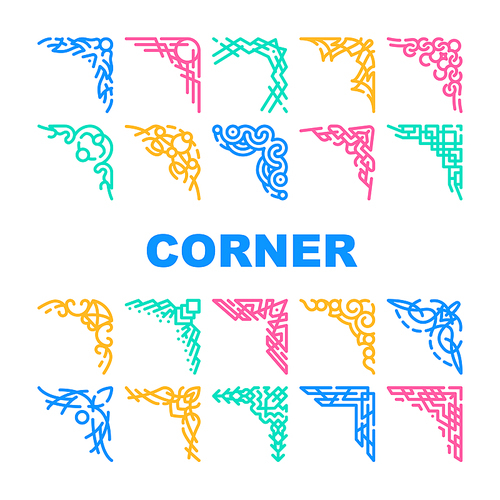 Corner Decoration Collection Icons Set Vector. Corner Decorative Border And Frame, Stylish Decor For Glass Or Mirror, Stylish Ornament Concept Linear Pictograms. Contour Color Illustrations