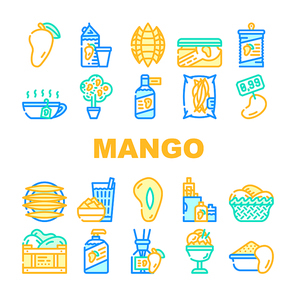 Mango Tropical Fruit Collection Icons Set Vector. Mango Juice And Jam, Ice Cream And Vinegar, Canned Food And Tea, Soap And Aroma Diffuser Concept Linear Pictograms. Contour Color Illustrations